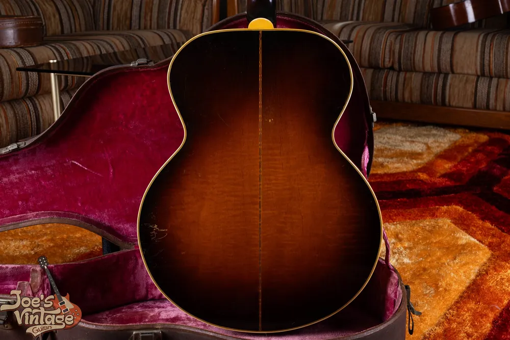 Figured maple back of a 1948 Gibson SJ-200 in sunburst