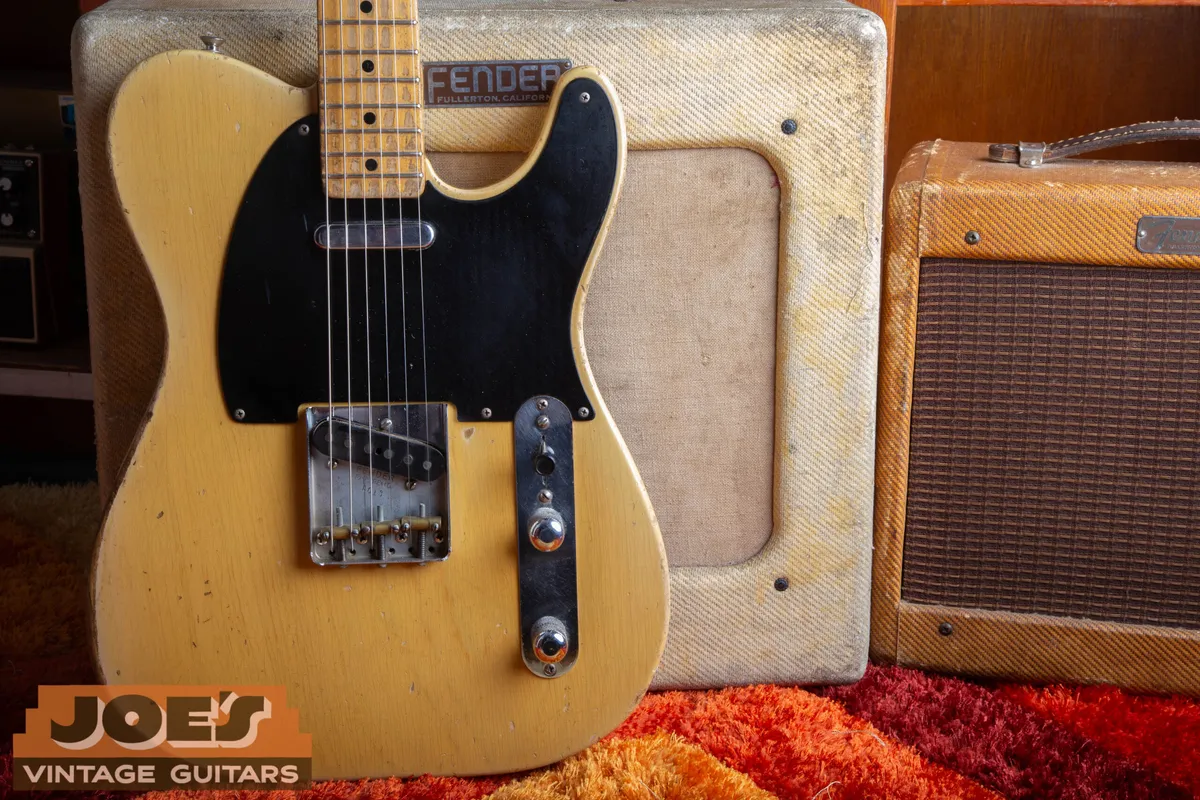 Original 1952 Fender Telecaster in blonde with a black pickguard, brass saddles, and maple neck