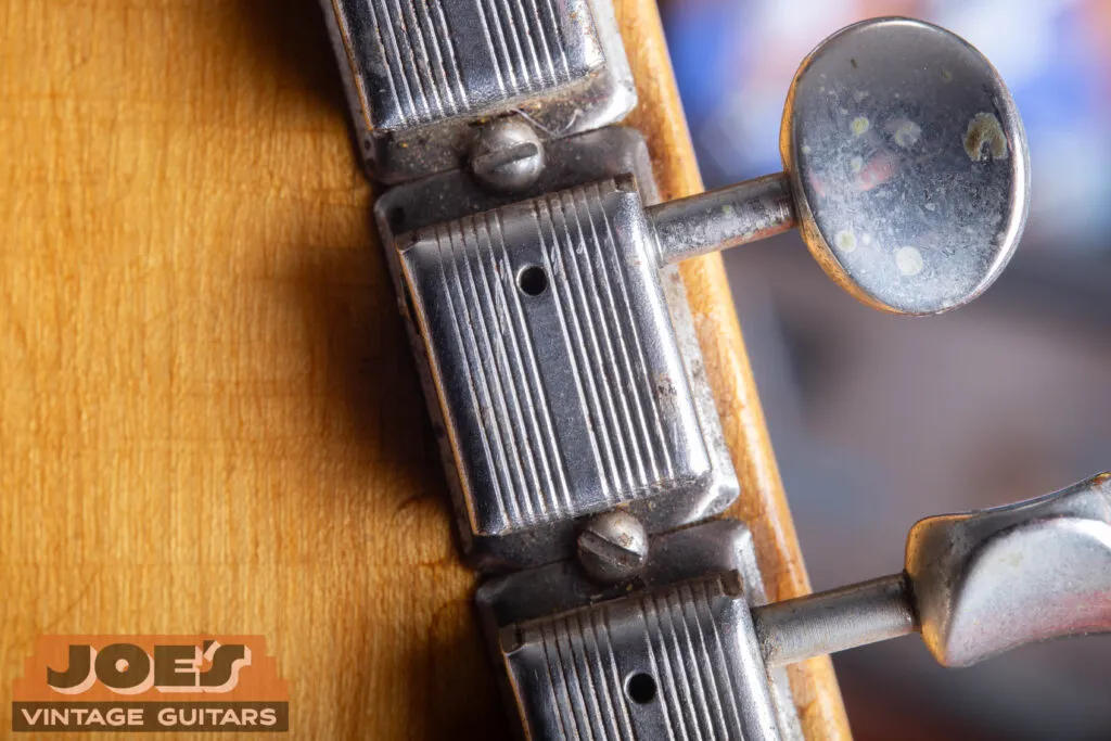 Row of original “No-Line” Kluson Deluxe tuners on the back of a 1952 Fender Telecaster headstock.