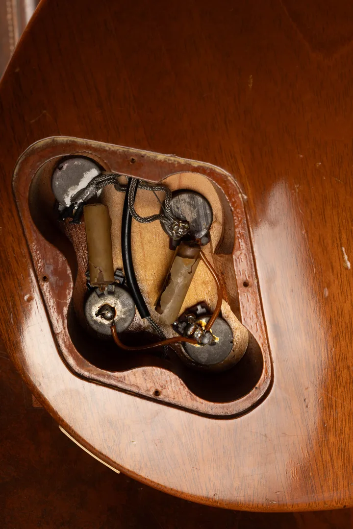 Original 1954 Gibson Les Paul Goldtop control cavity with pots, capacitors and braided wiring
