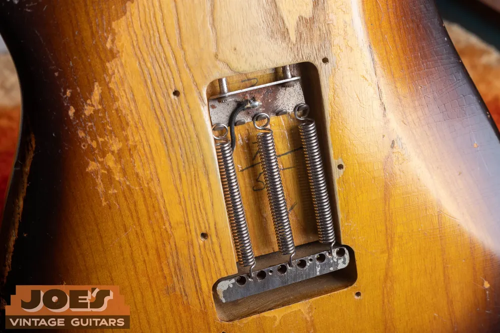 Penciled 1955 Fender Stratocaster body date inside the rear tremolo cavity