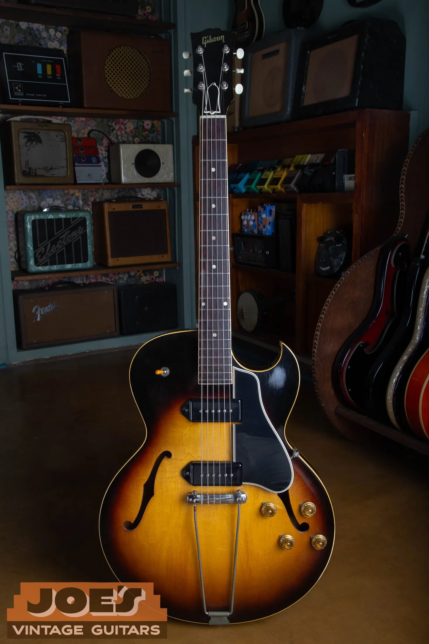 Full front of a 1956 Gibson ES-225TD with two P-90 pickups