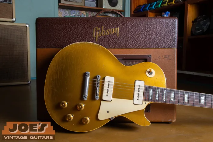 Original 1956 Gibson Les Paul Goldtop with P-90 pickups photographed with a vintage Gibson GA-40 amplifier