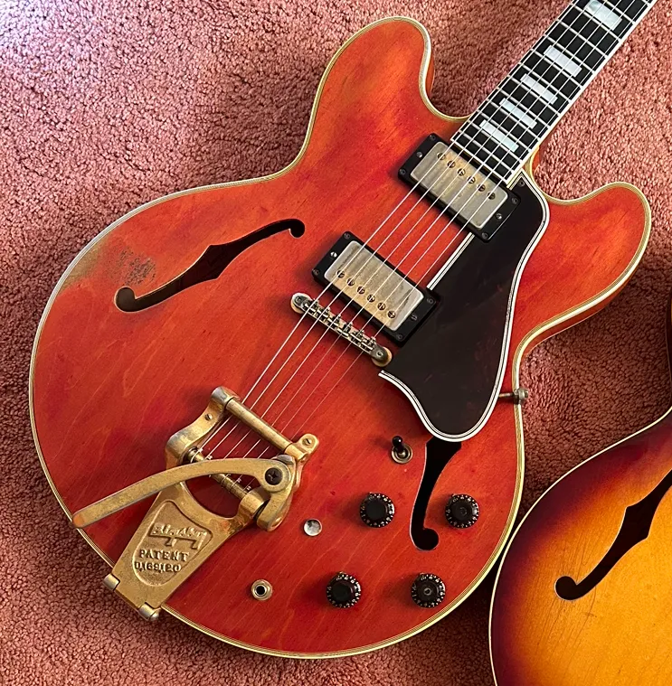 Cherry 1959 Gibson ES-355 body with worn gold hardware and Bigsby vibrato