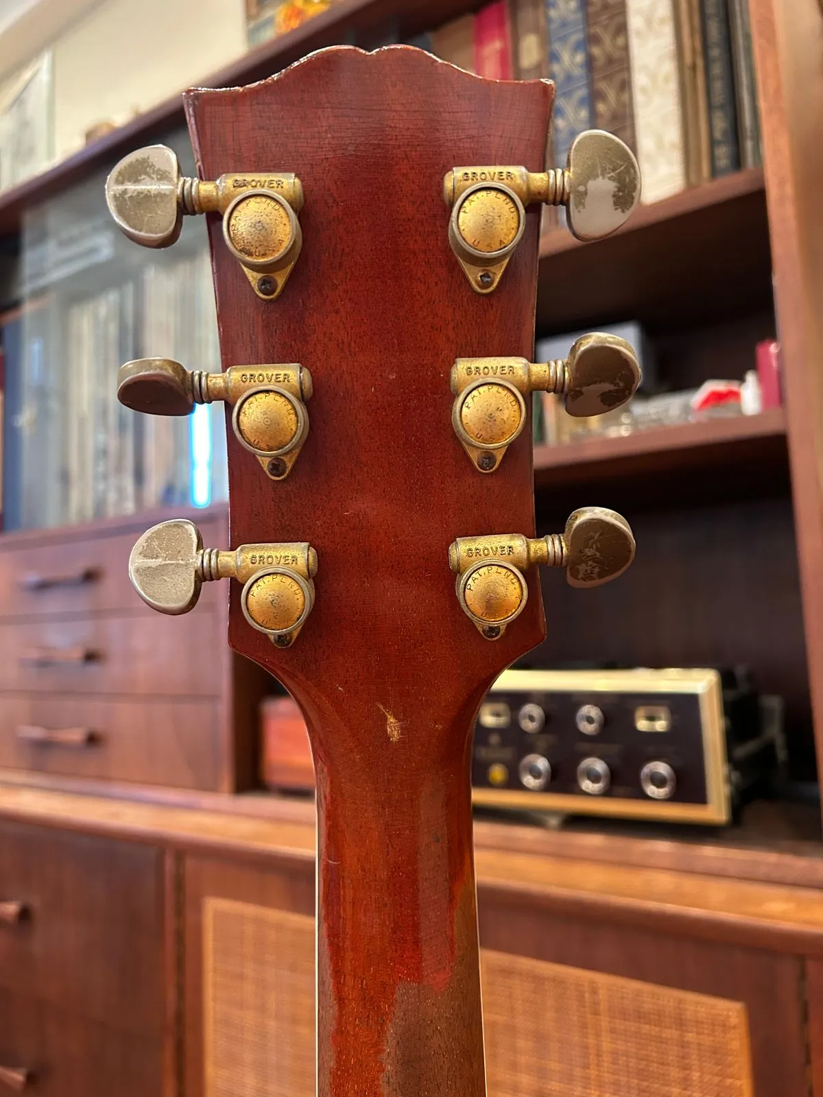 Six gold Grover Rotomatic tuners on the back of the 1959 Gibson ES-355 headstock