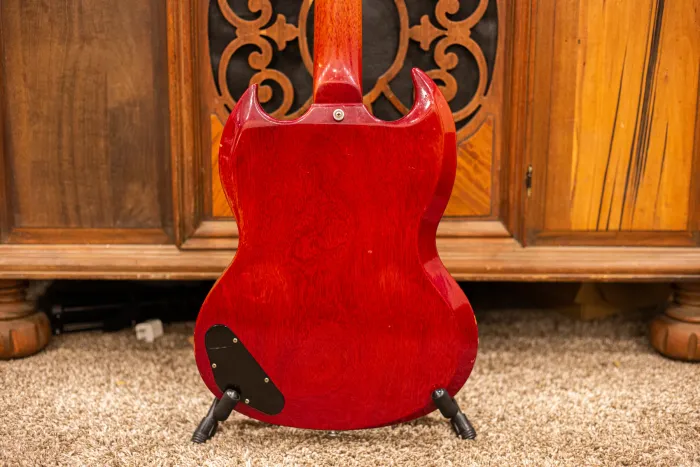 Back of a 1964 Gibson SG Junior showing the neck heel and mahogany body