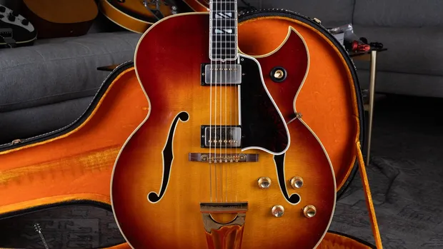 Full front of a sunburst 1964 Gibson Super 400
