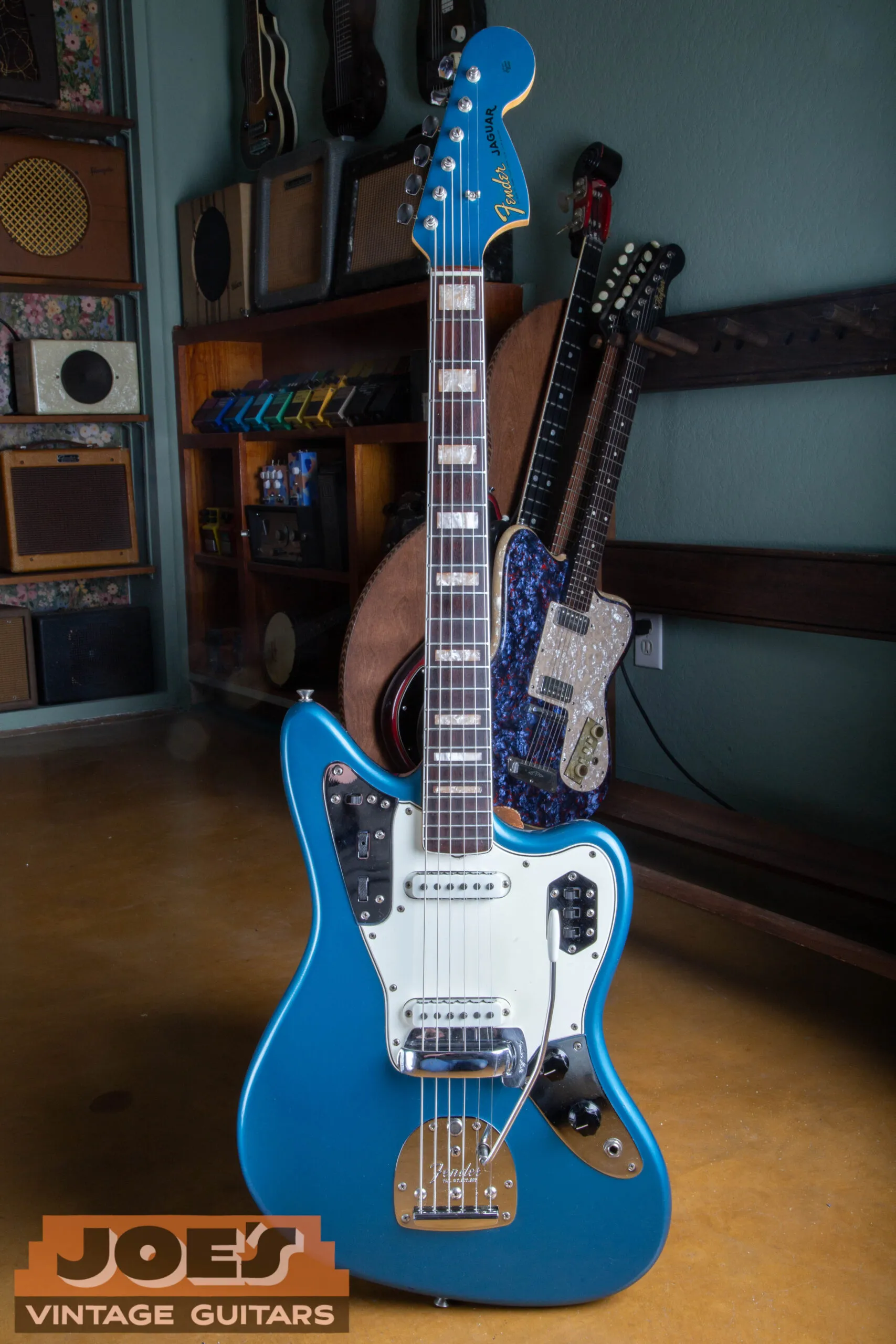 1966 Fender Jaguar finished in Lake Placid Blue custom color with matching painted headstock