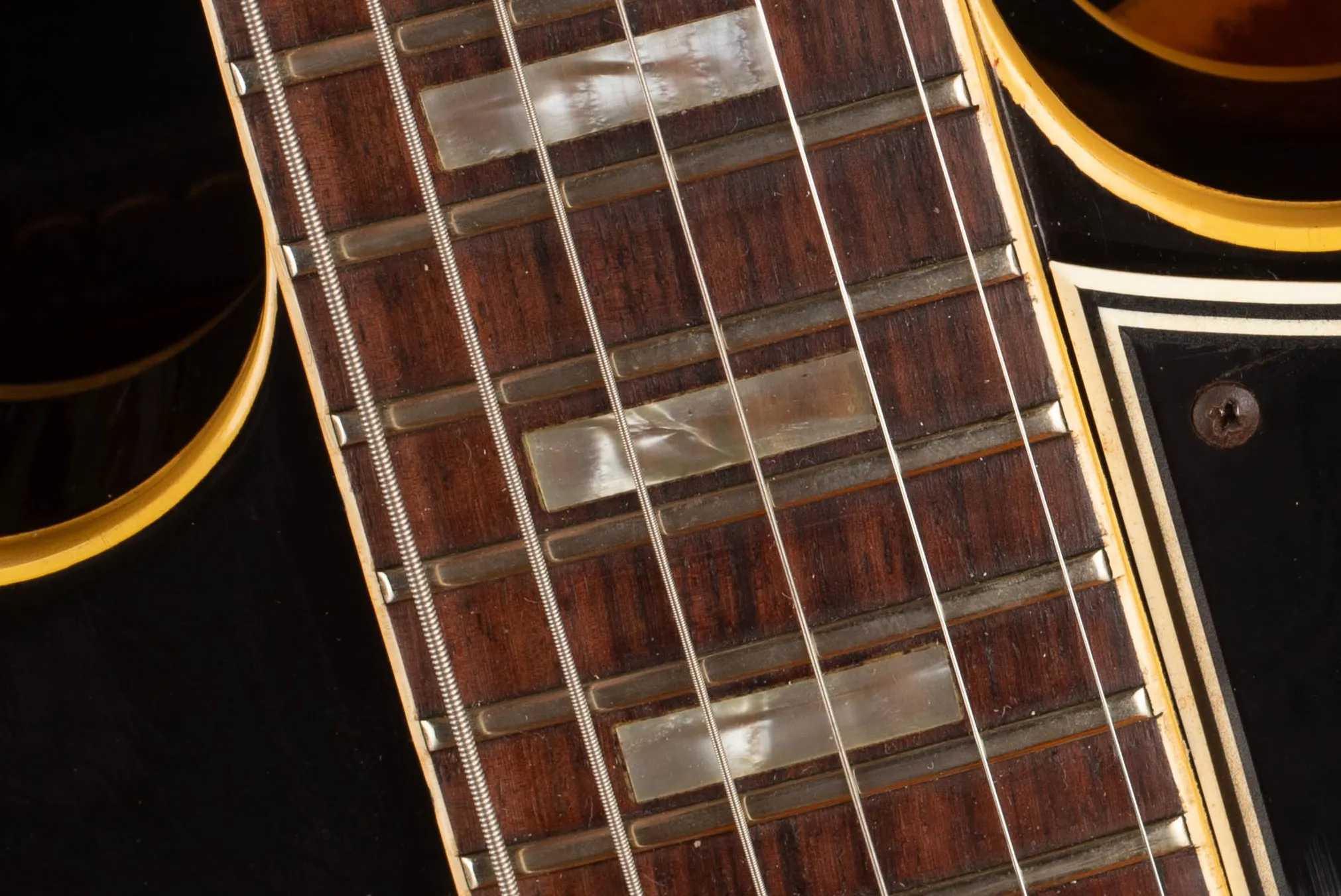 Block inlay close-up on a later 1960s Gibson ES-330, shown for comparison with the dot-neck era