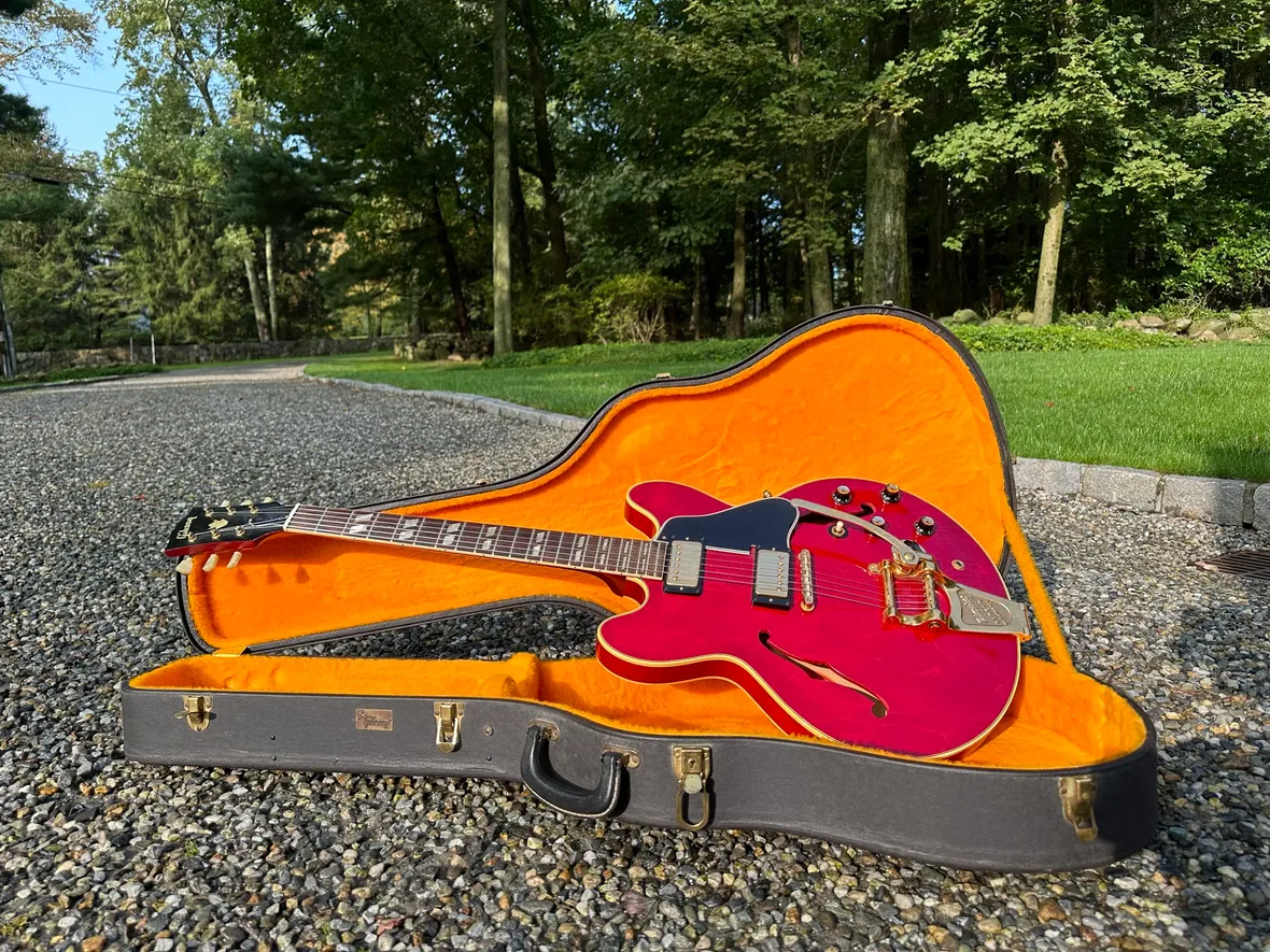 Cherry 1966 Gibson ES-345 displayed in its case in Connecticut