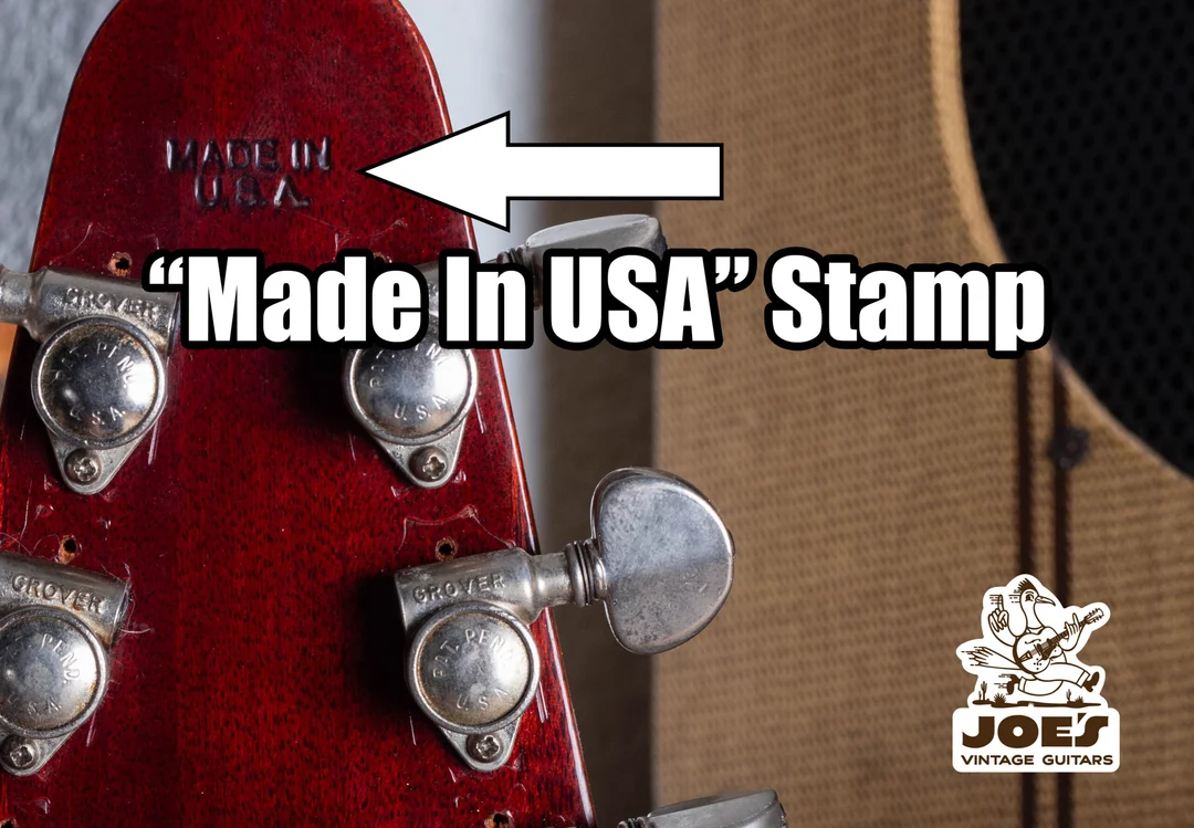 Made in USA stamp pressed into the back of a red 1971 Gibson Flying V Medallion headstock