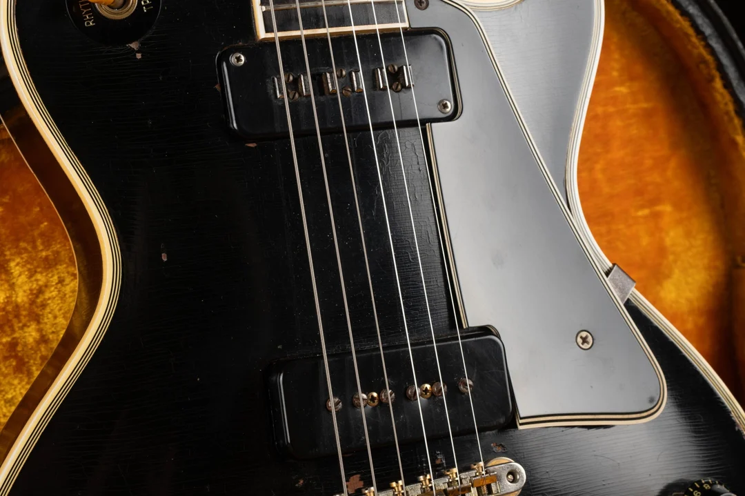Alnico V staple neck pickup and black P-90 bridge pickup on an early Gibson Les Paul Custom