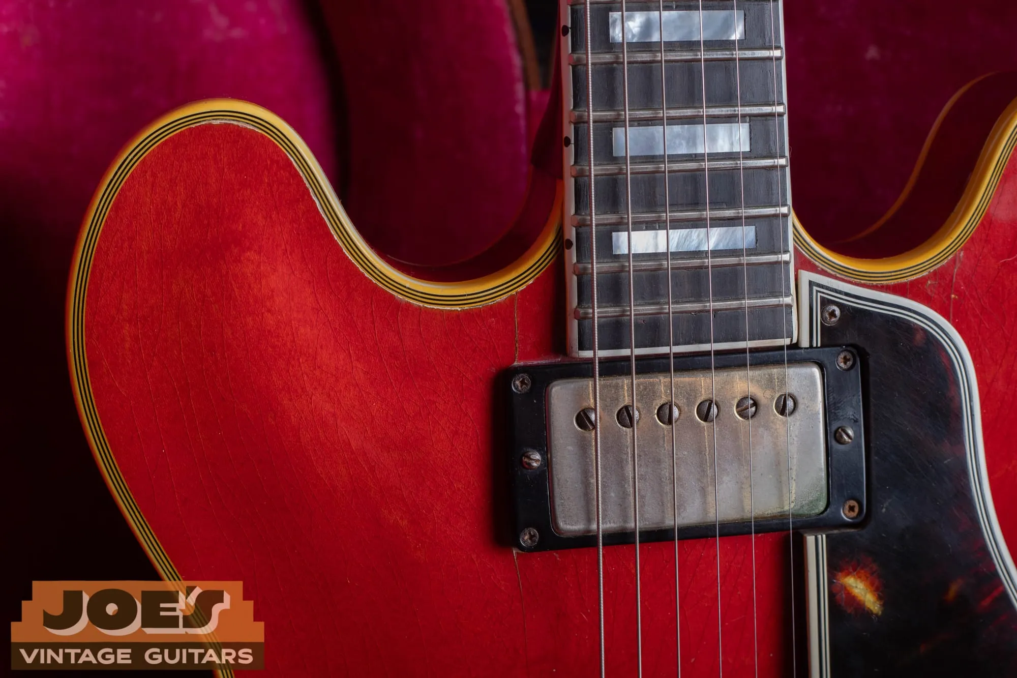 Ebony fingerboard with pearl block inlays on a 1959 Gibson ES-355