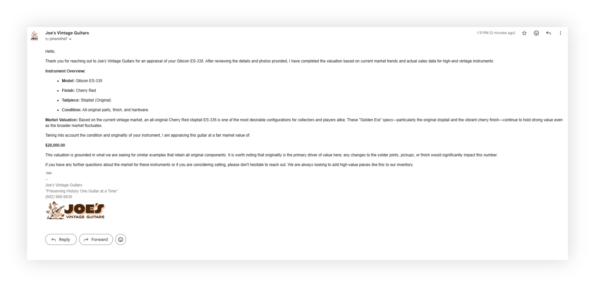 Email from Joe explaining market value of cherry red Gibson ES-335